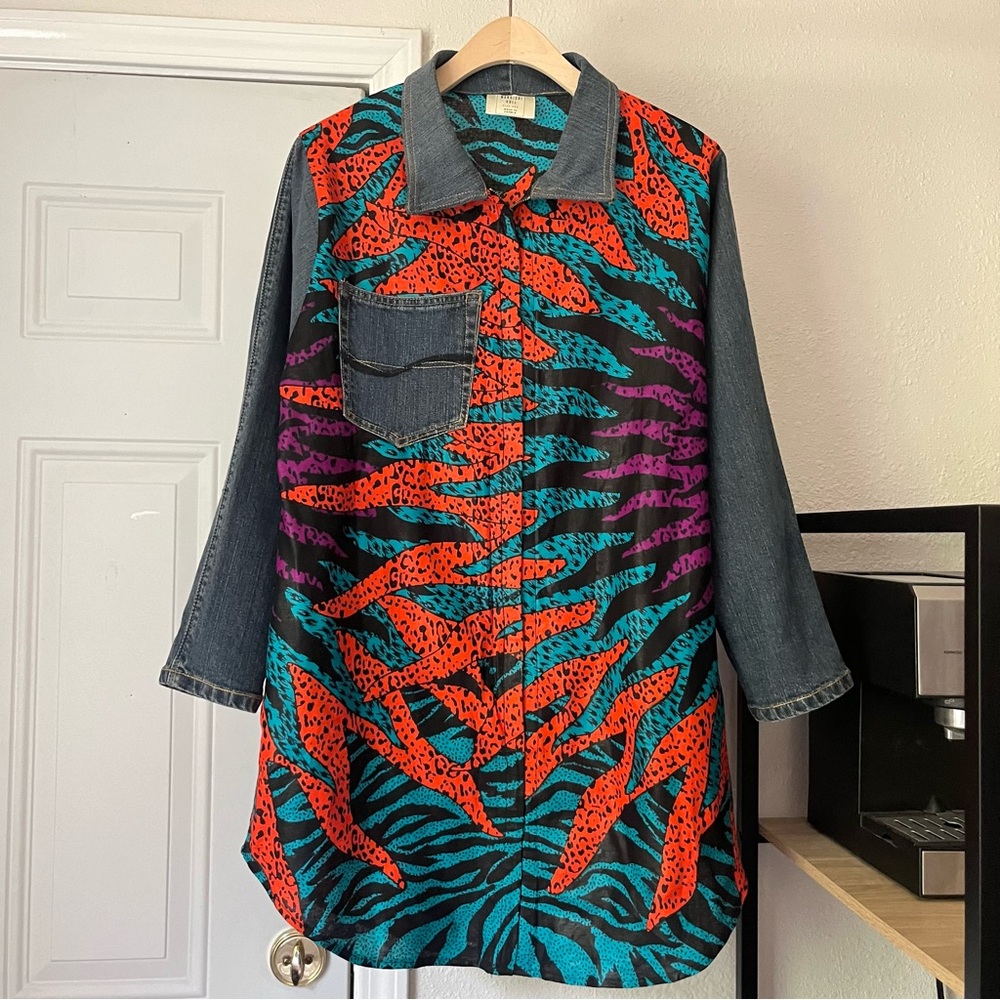 MANGISHI DOLL cotton contrast‎ denim animal zebra print button up shirt dress